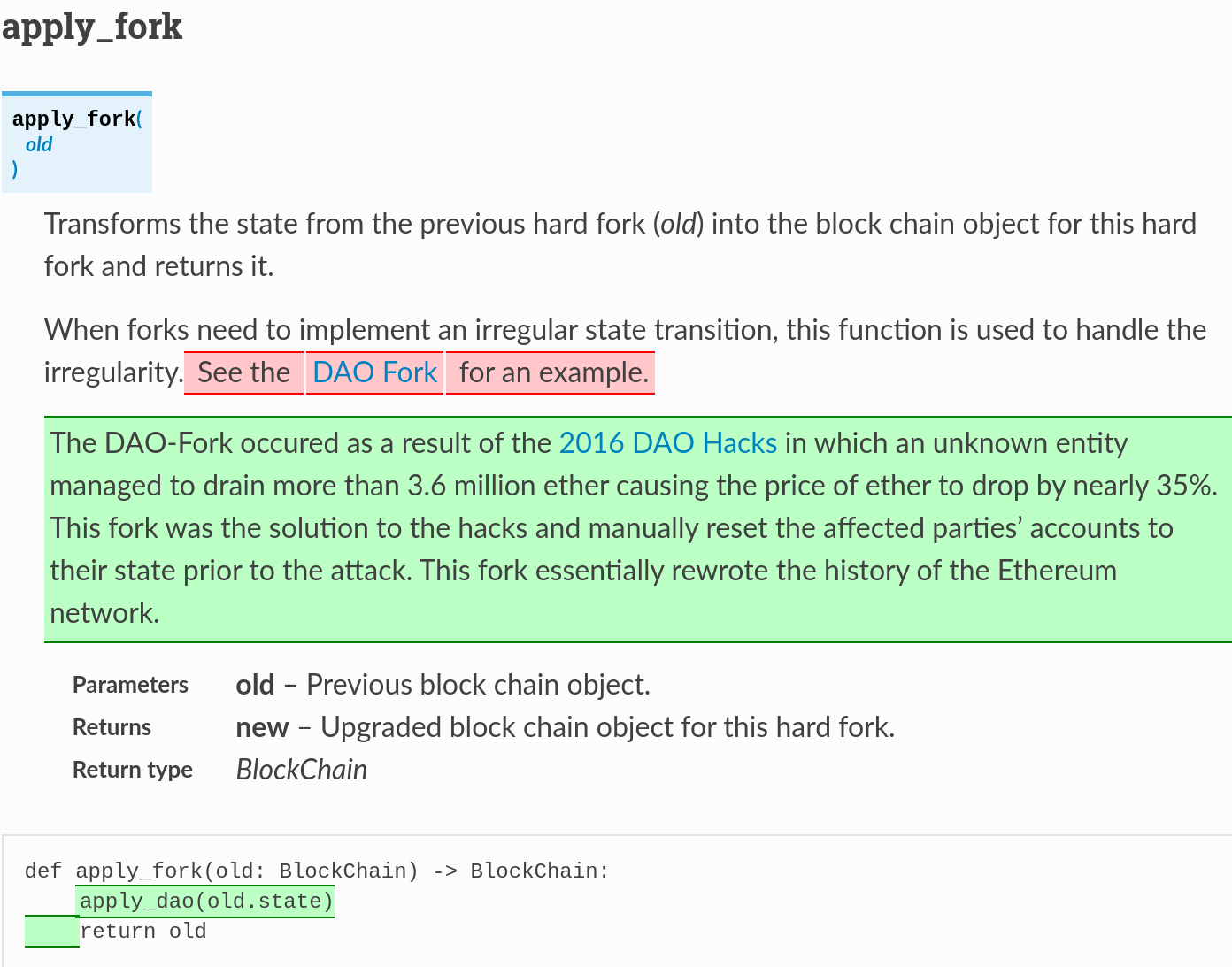 Screenshot der Unterschiede in der Funktion apply_fork zwischen Homestead und der Dao -Gabel