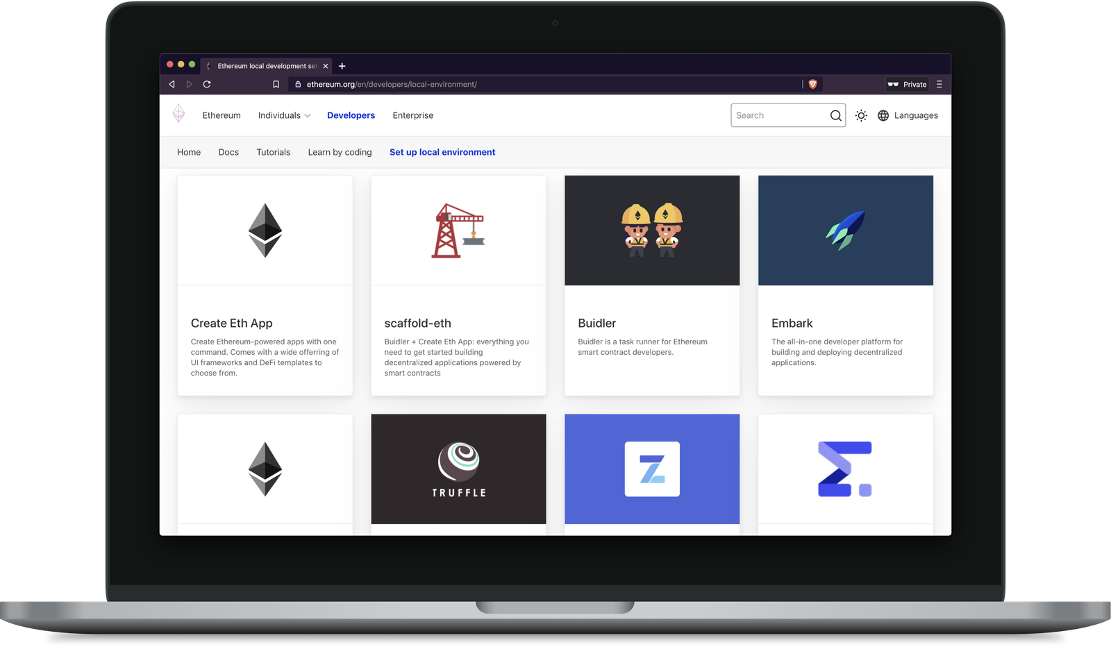Das neue Entwicklerportal von Ethereum.org links zu Frameworks