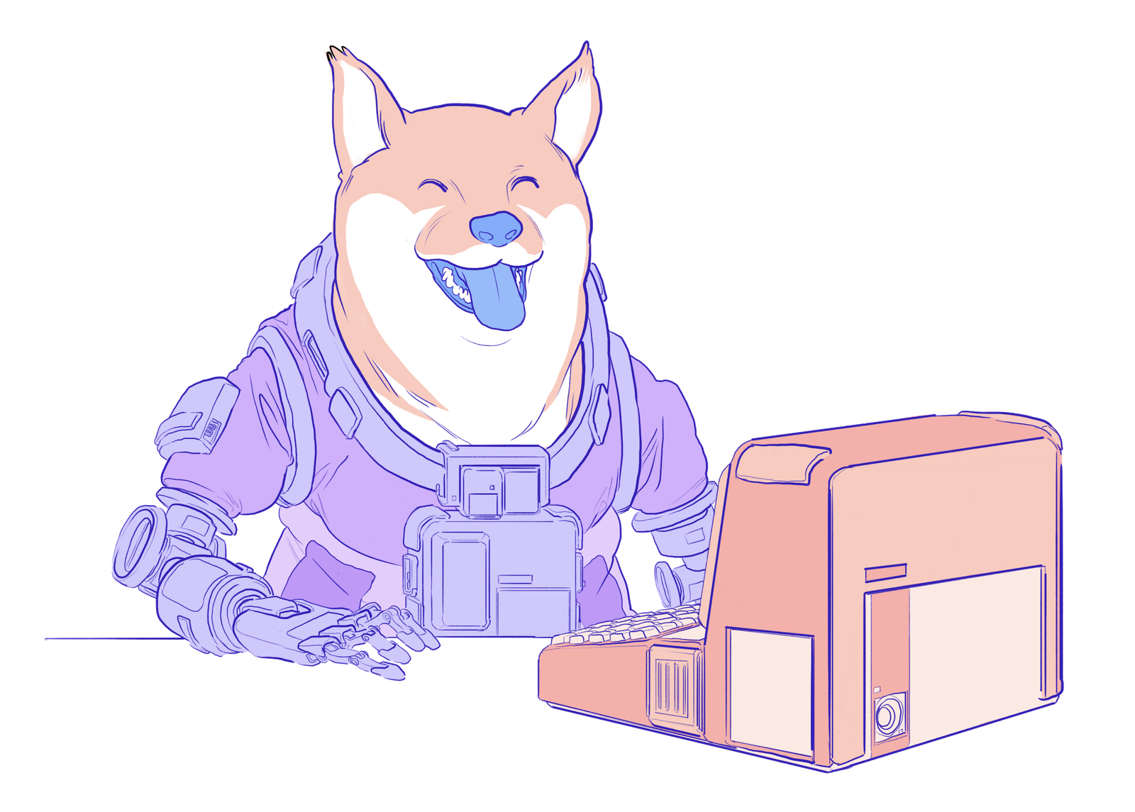 Illustration eines Doge mit einem DAPP auf einem Computer