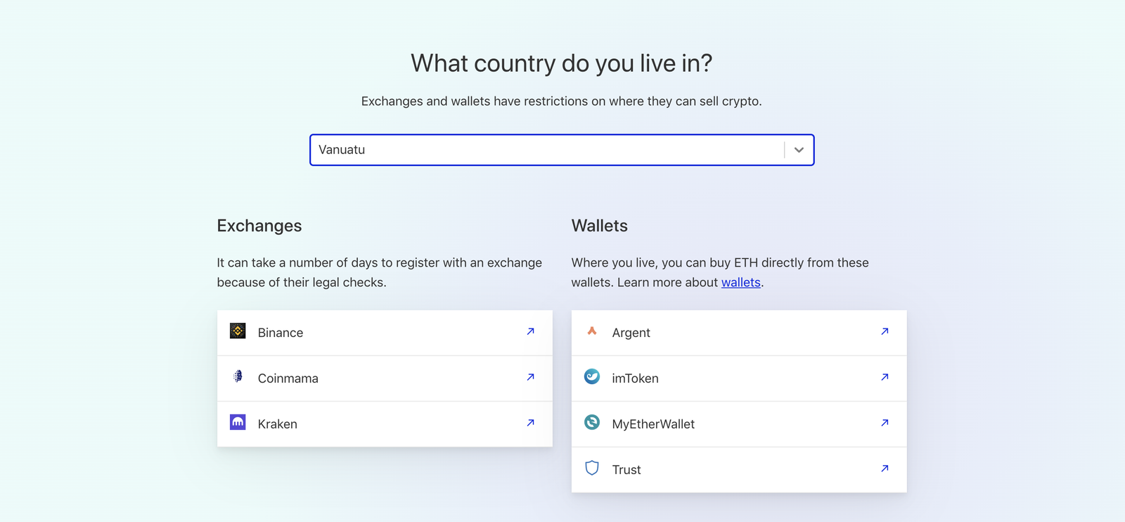 Screenshot eines Country Picker-Feature auf Ethereum.org/en/get-eth