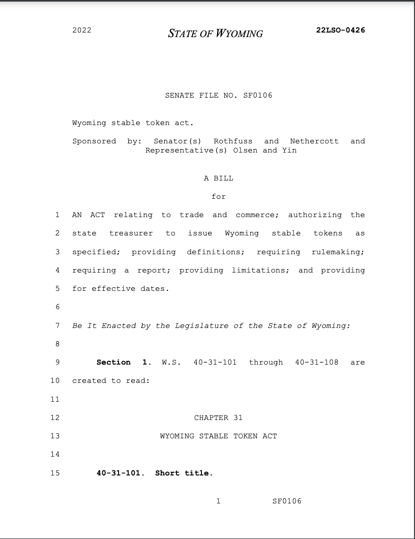 US -Regierung, Vereinigte Staaten, Wyoming, Stablecoin