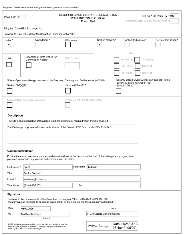 SEC Formular 19B-4-Einreichung von CBOE BZX Exchange für Listen- und Handelsaktien des Franklin XRP-Fonds gemäß BZX-Regel 14.11