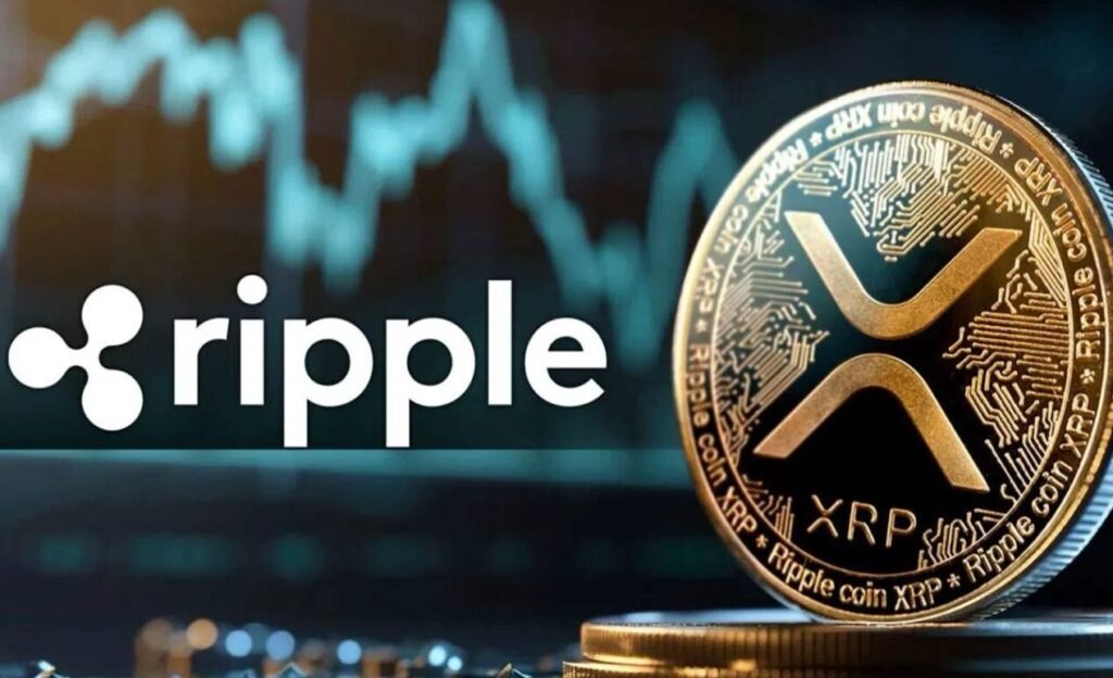 XRP Gold Cryptocurrency Coin mit Ripple -Logo und Preisdiagramm im Hintergrund