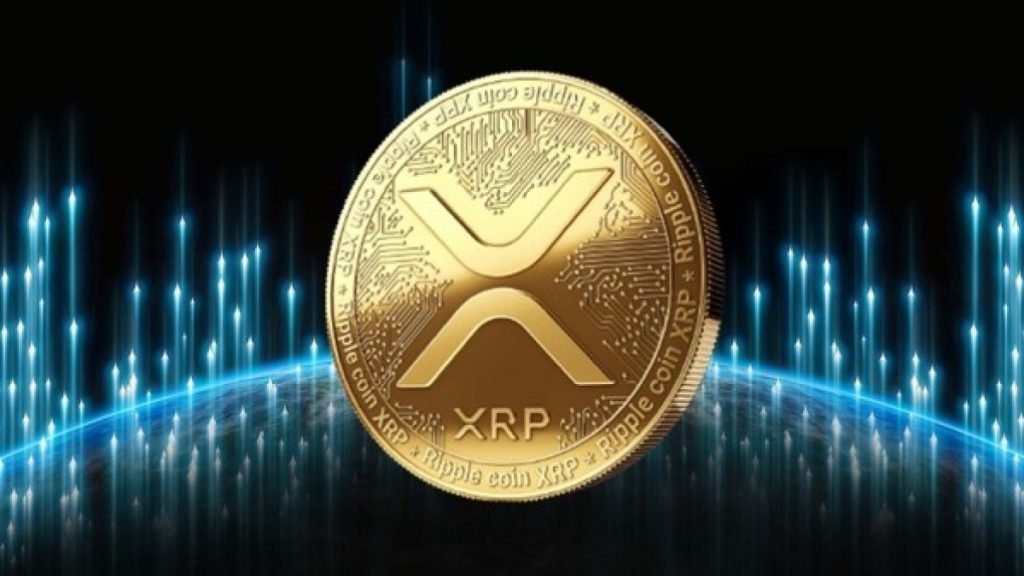 Golden XRP Cryptocurrency Coin, das das charakteristische 'X' -Symbol gegen einen dunklen Hintergrund mit blau digitaler Lichteffekten zeigt, die den digitalen Asset von Ripple darstellt