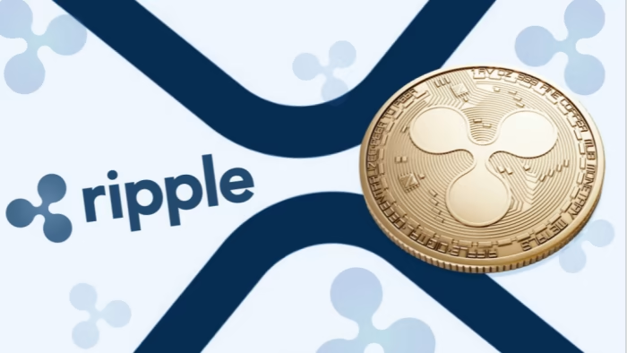 Ripple -Logo mit XRP -Währungssymbol auf blauem Hintergrund