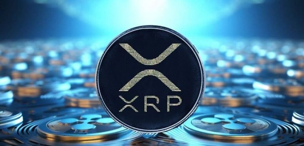 XRP -Münze mit Logo, das vor blauem digitalem Hintergrund angezeigt wird