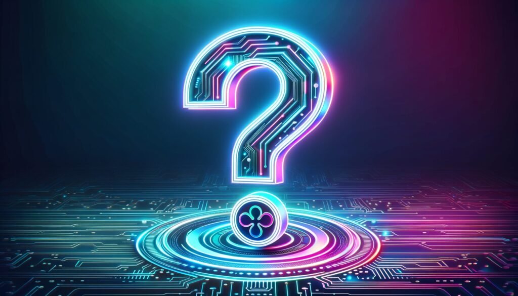 XRP -Logo unter Fragezeichen mit Crypto Circuit Board Design