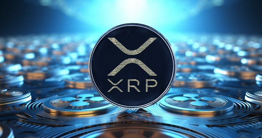 XRP Coin Logo auf blauem digitalem Hintergrund