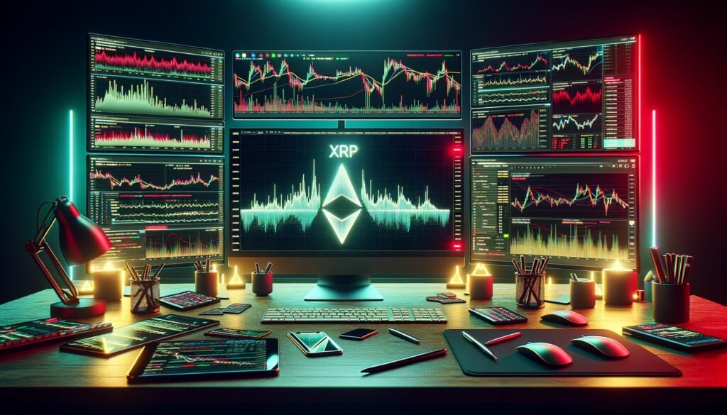 Der Schreibtisch von Crypto Trader mit mehreren Monitoren, die XRP -Diagramme anzeigen