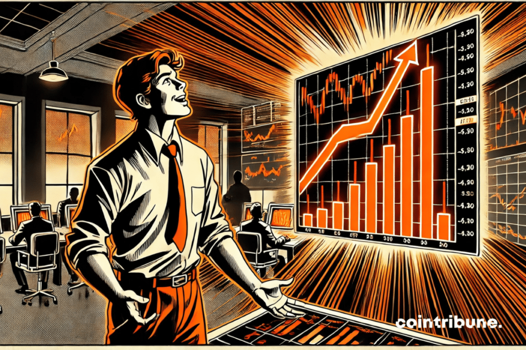 Dunkler Interieur eines Retro -Handelsschreibtischs, beleuchtet von einem einzelnen Bildschirm, der ein starkes orangefarbenes Licht ausgibt. Ein junger Händler, der sich auf die Altcoin -Analyse konzentriert