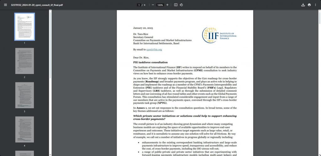 PDF -Screenshot des offiziellen IIF -Konsultationsantworts auf den BIS -Ausschuss für Zahlungen und Marktinfrastrukturen