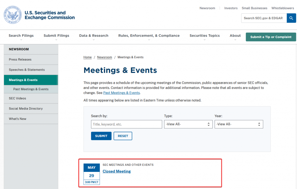 SEC -Meeting -Kalender, das 29. Mai Sitzung hervorhebt