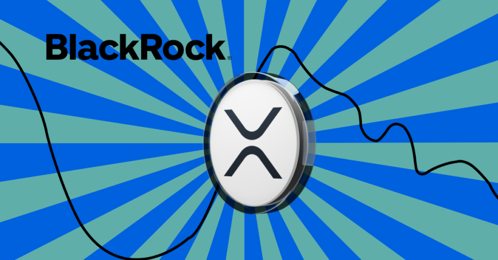 XRP -Token mit BlackRock -Logo auf blauem und grünem Sunburst -Hintergrund