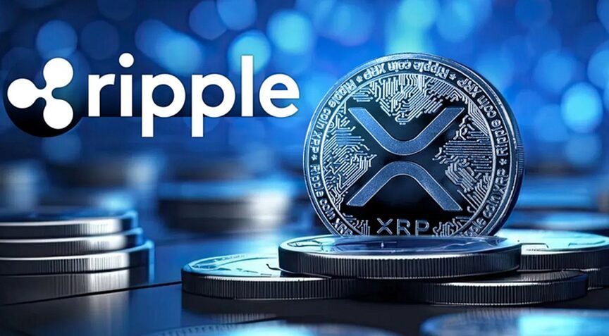 XRP -Logo und Münze auf dem blauen digitalen Hintergrund
