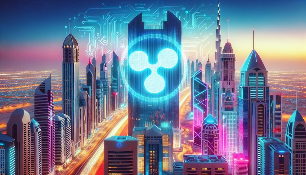 Ripple XRP -Logo leuchtet über Dubai Skyline mit digitalen Schaltungsmustern