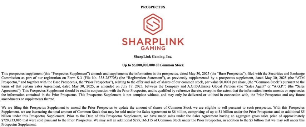 Sharplink Gaming Prospekt zum Kauf von Ethereum | Quelle: US Securities Exchange Commission
