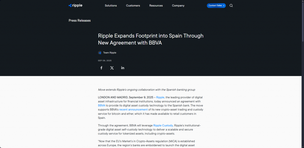 Offizielle Ripple -Pressemitteilung, in der Partnerschaft mit der BBVA Bank angekündigt wird