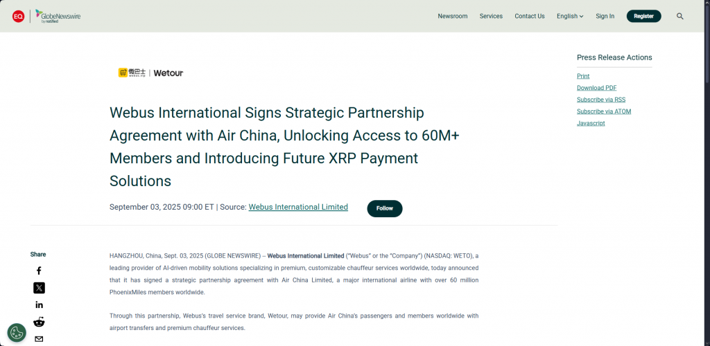 Offizielle Pressemitteilung mit Wetour und Air China Partnership Agreement