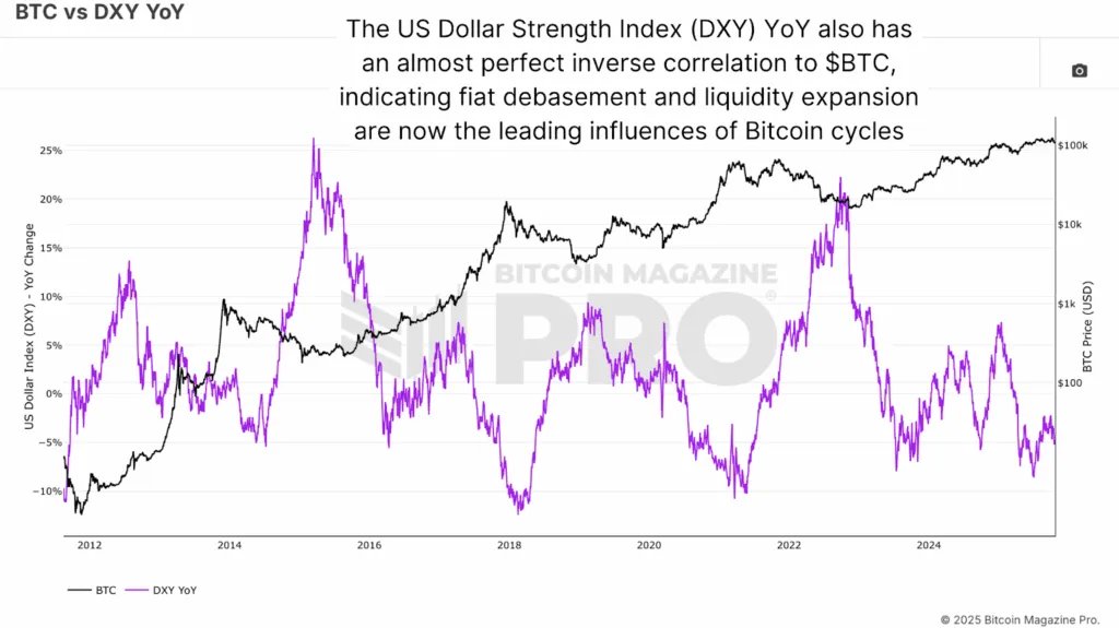BTC vs. DXY (Jahresvergleich) und die starke umgekehrte Korrelation mit großen Marktumschwüngen