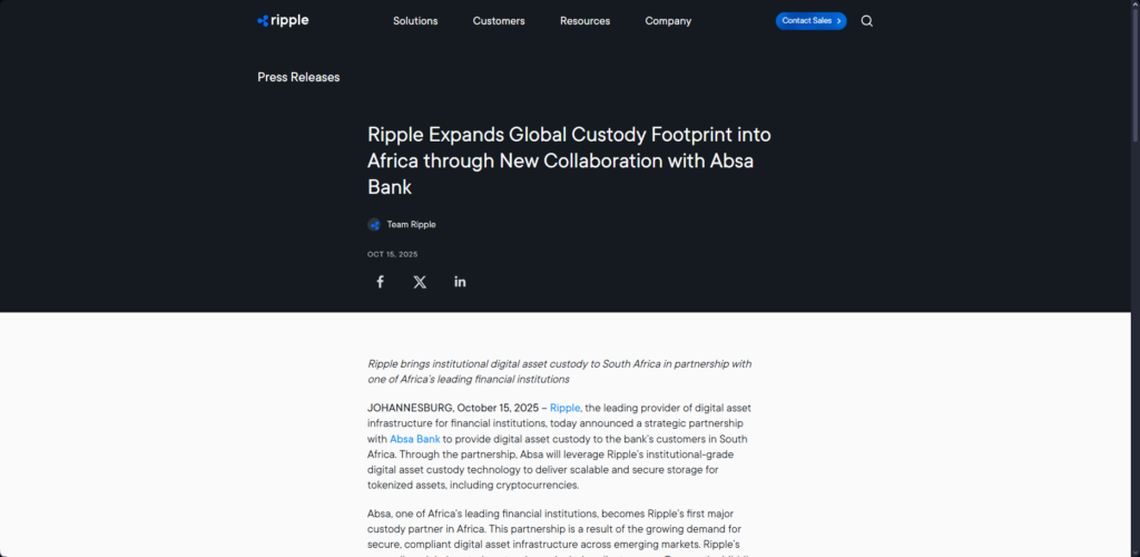 Ripple-Pressemitteilung kündigt Afrika-Expansion mit der Absa Bank an