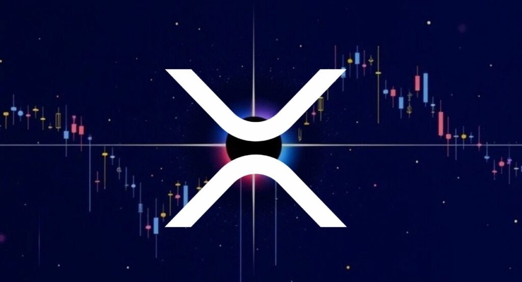 XRP-Logo mit Preisdiagramm-Kerzenhaltern auf dunkelblauem Hintergrund