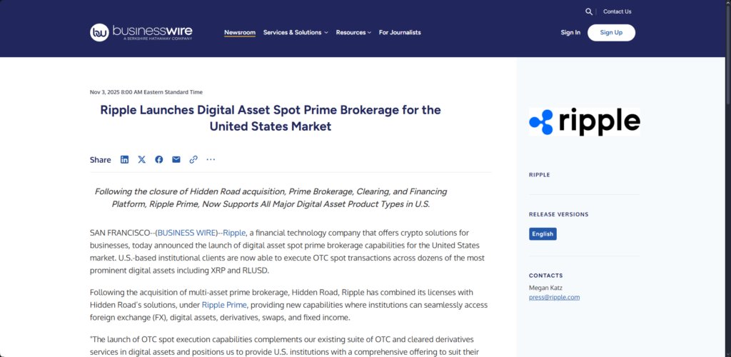 Business Wire kündigt die Einführung des Ripple Prime-Brokerage an