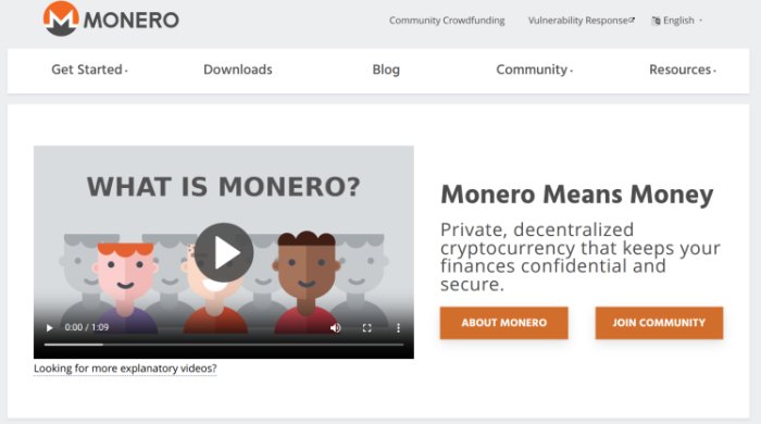 Monero-Homepage mit Informationen zum Dienstprogramm.