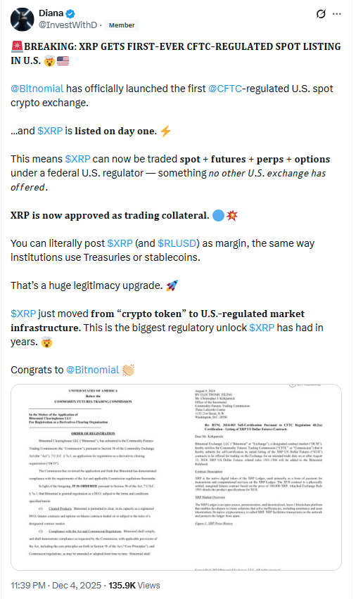 XRP CFTC-Spot-Listung. Quelle: Diana InvestWithD auf X