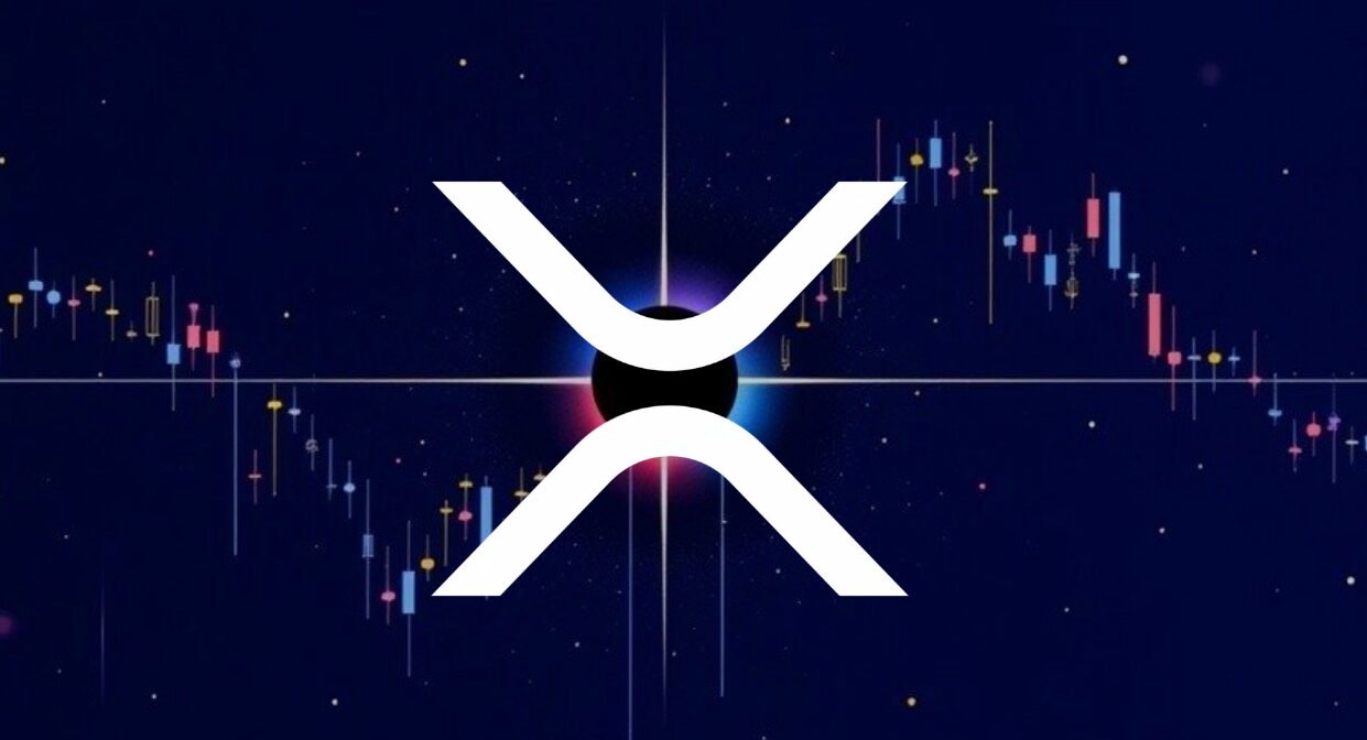 XRP-Logo mit Preisdiagramm-Kerzenhaltern auf dunkelblauem Hintergrund