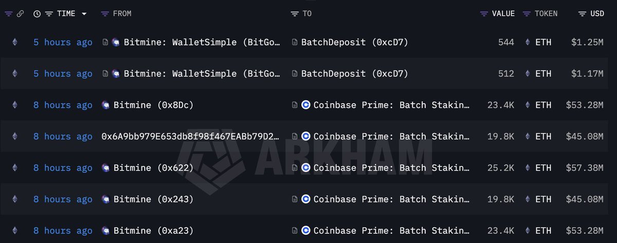 Bitmine Ethereum-Überweisungen | Quelle: Arkham