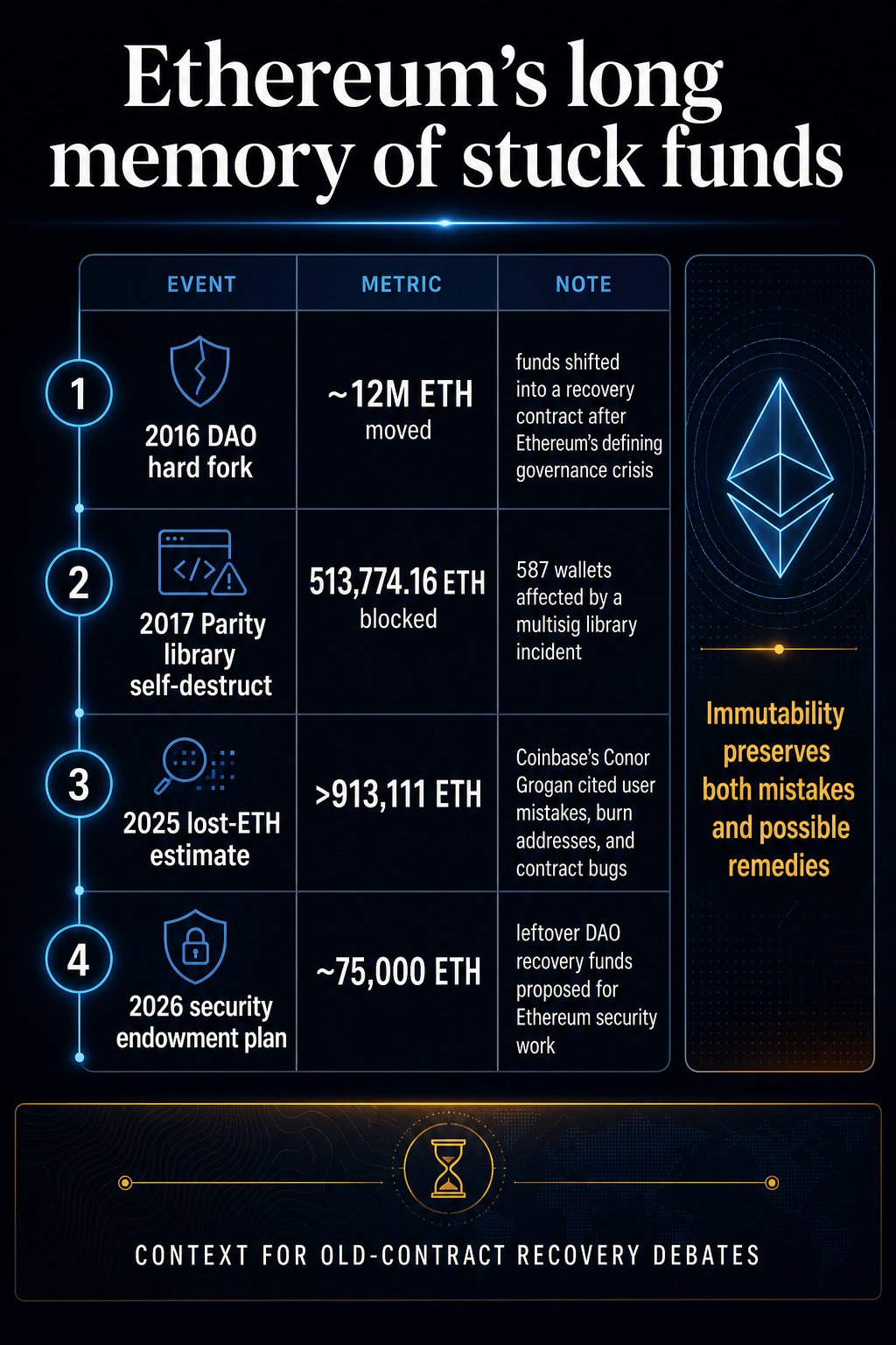 Zeitleistenmatrix, die die Geschichte der feststeckenden Fonds von Ethereum zeigt, einschließlich The DAO, Parity, verlorene ETH-Schätzungen und den Sicherheitsausstattungsplan 2026.