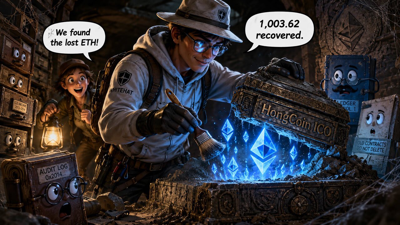 Bild im Comic-Stil einer Ethereum-Schatztruhe mit der Aufschrift „HongCoin ICO“, das zeigt, wie Forscher 1.003,62 ETH bergen.