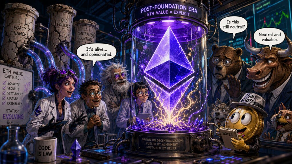 Illustration von Ethereum in einer leuchtenden Sicherheitskammer, umgeben von Forschern, die den Übergang des Netzwerks in eine Post-Foundation-Ära zeigt, die sich auf ETH-Wertschöpfung, Governance und Neutralitätsdebatten konzentriert.