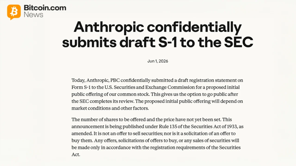 Anthropic reicht vertrauliche S-1 bei der SEC ein und strebt einen Börsengang mit einem Wert von 965 Milliarden US-Dollar an – Bitcoin News