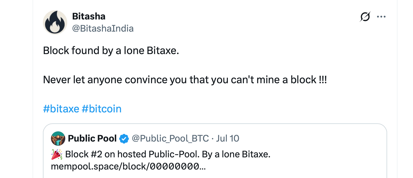 X-Beitrag zum Bitaxe-Solo-Mining-Sieg. 