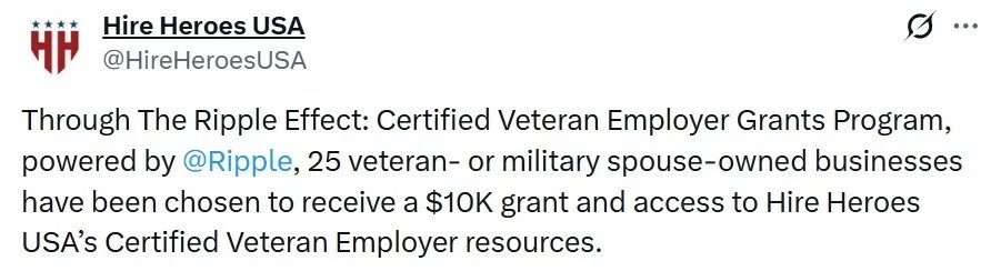Ripple stellt über Hire Heroes USA 250.000 US-Dollar für 25 von Veteranen geführte Unternehmen bereit